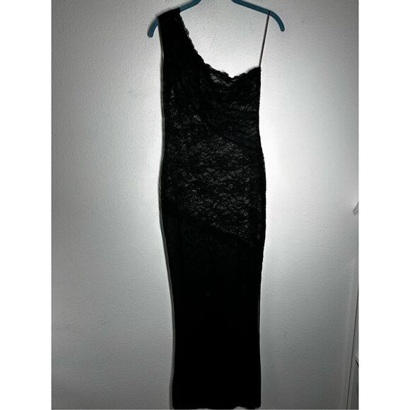 Dreamgirl Black Stretch Lace Asymmetrical One Shoulder Chemise Sz M See Notes - Picture 1 of 16